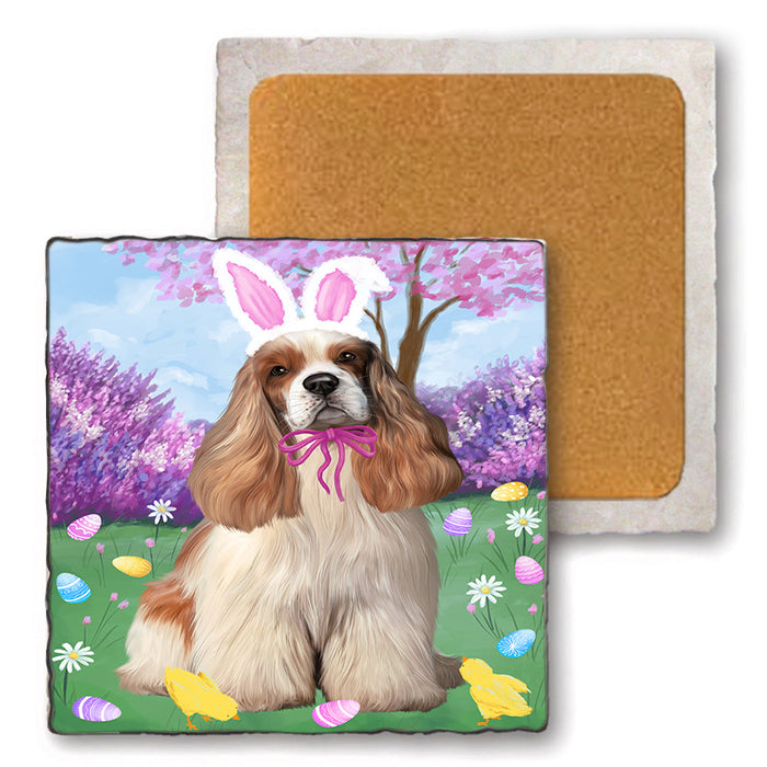 Easter Holiday Cocker Spaniel Dog Set of 4 Natural Stone Marble Tile Coasters MCST51898
