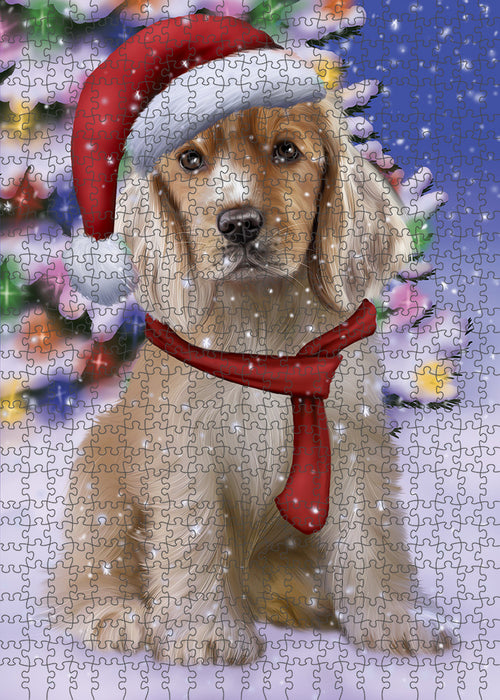 Winterland Wonderland Cocker Spaniel Dog In Christmas Holiday Scenic Background Puzzle with Photo Tin PUZL82160