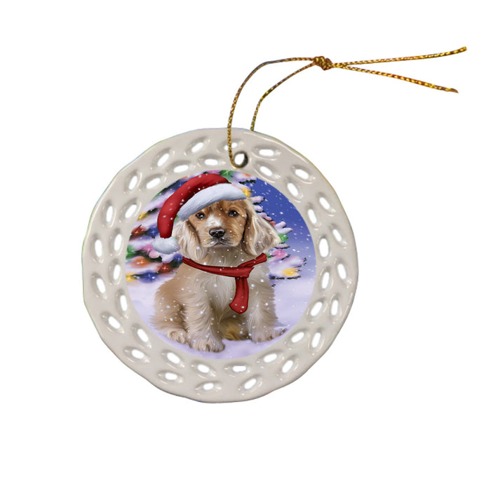 Winterland Wonderland Cocker Spaniel Dog In Christmas Holiday Scenic Background Ceramic Doily Ornament DPOR53751