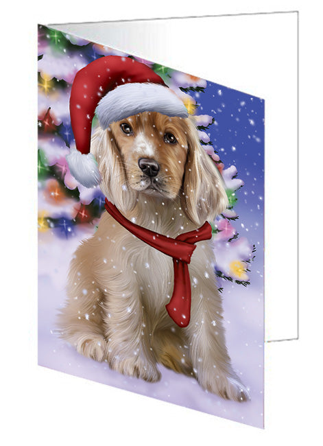 Winterland Wonderland Cocker Spaniel Dog In Christmas Holiday Scenic Background Handmade Artwork Assorted Pets Greeting Cards and Note Cards with Envelopes for All Occasions and Holiday Seasons GCD65282