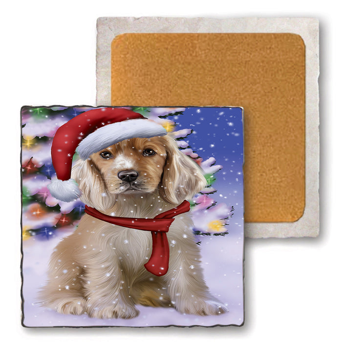 Winterland Wonderland Cocker Spaniel Dog In Christmas Holiday Scenic Background Set of 4 Natural Stone Marble Tile Coasters MCST48751