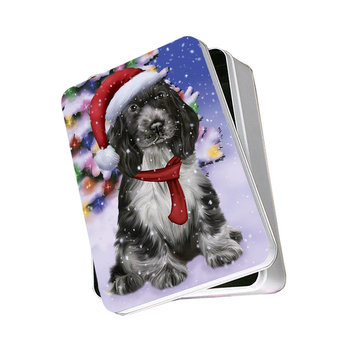 Winterland Wonderland Cocker Spaniel Dog In Christmas Holiday Scenic Background Photo Storage Tin PITN53695