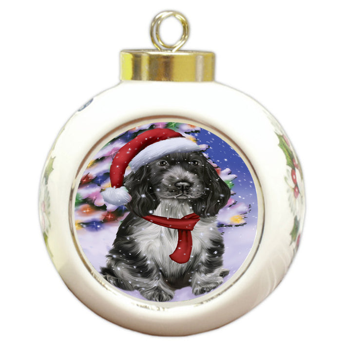 Winterland Wonderland Cocker Spaniel Dog In Christmas Holiday Scenic Background Round Ball Christmas Ornament RBPOR53752