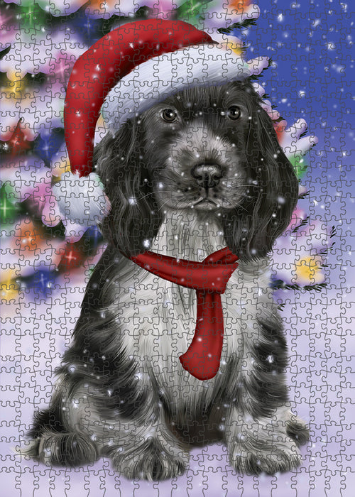 Winterland Wonderland Cocker Spaniel Dog In Christmas Holiday Scenic Background Puzzle with Photo Tin PUZL82164