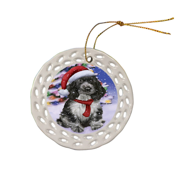 Winterland Wonderland Cocker Spaniel Dog In Christmas Holiday Scenic Background Ceramic Doily Ornament DPOR53752
