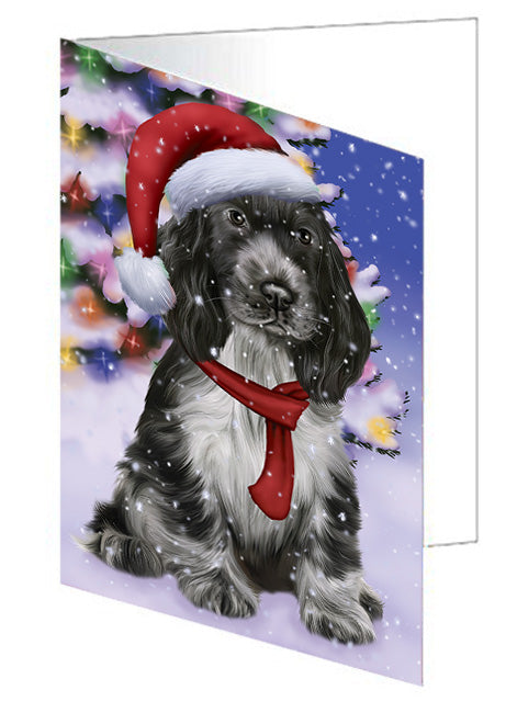 Winterland Wonderland Cocker Spaniel Dog In Christmas Holiday Scenic Background Handmade Artwork Assorted Pets Greeting Cards and Note Cards with Envelopes for All Occasions and Holiday Seasons GCD65285