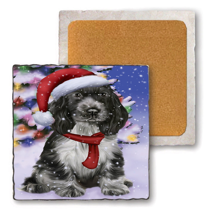Winterland Wonderland Cocker Spaniel Dog In Christmas Holiday Scenic Background Set of 4 Natural Stone Marble Tile Coasters MCST48752