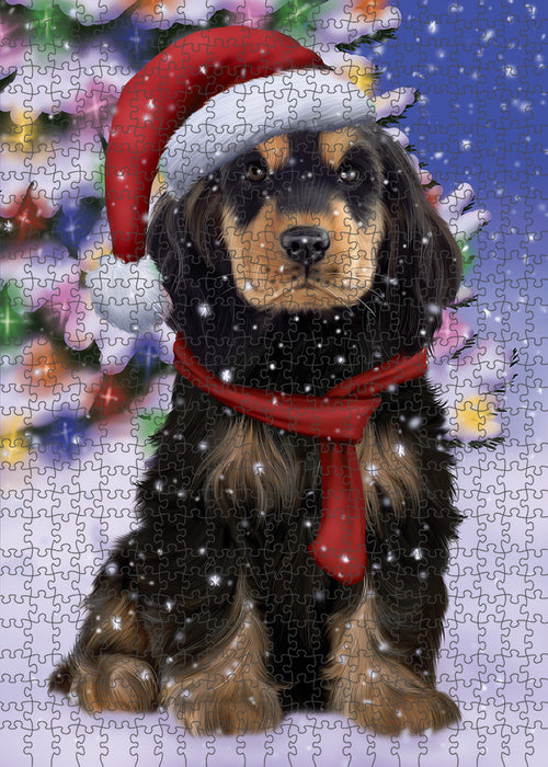 Winterland Wonderland Cocker Spaniel Dog In Christmas Holiday Scenic Background Puzzle with Photo Tin PUZL82168