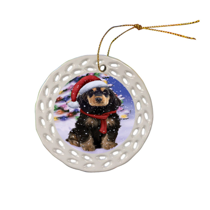 Winterland Wonderland Cocker Spaniel Dog In Christmas Holiday Scenic Background Ceramic Doily Ornament DPOR53753