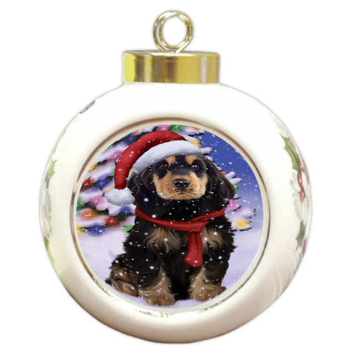 Winterland Wonderland Cocker Spaniel Dog In Christmas Holiday Scenic Background Round Ball Christmas Ornament RBPOR53753