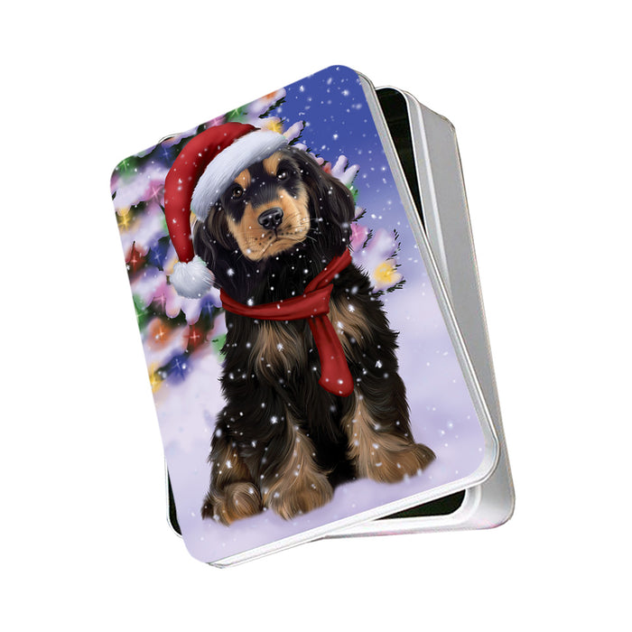 Winterland Wonderland Cocker Spaniel Dog In Christmas Holiday Scenic Background Photo Storage Tin PITN53696