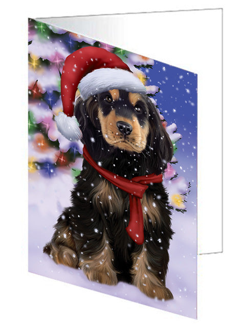 Winterland Wonderland Cocker Spaniel Dog In Christmas Holiday Scenic Background Handmade Artwork Assorted Pets Greeting Cards and Note Cards with Envelopes for All Occasions and Holiday Seasons GCD65288