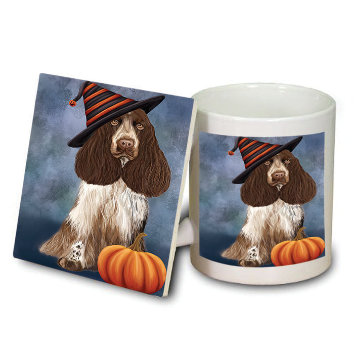Happy Halloween Cocker Spaniel Dog Wearing Witch Hat with Pumpkin Mug and Coaster Set MUC54884