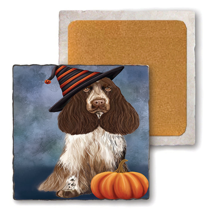 Happy Halloween Cocker Spaniel Dog Wearing Witch Hat with Pumpkin Set of 4 Natural Stone Marble Tile Coasters MCST49892