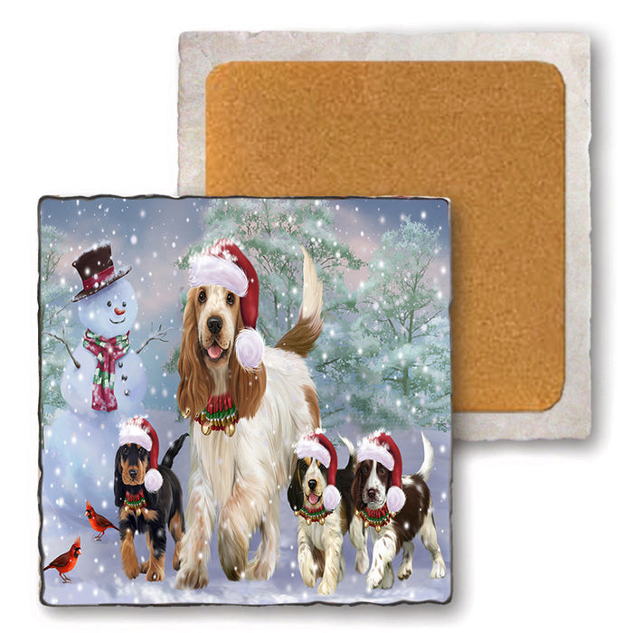 Christmas Running Family Cocker Spaniels Dog Set of 4 Natural Stone Marble Tile Coasters MCST50467