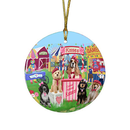 Carnival Kissing Booth Cocker Spaniels Dog Round Flat Christmas Ornament RFPOR56186