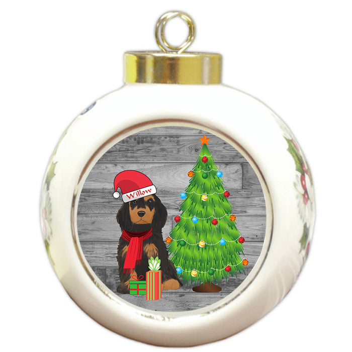 Custom Personalized Cocker Spaniel Dog With Tree and Presents Christmas Round Ball Ornament