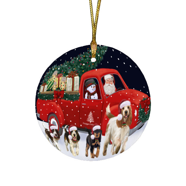Christmas Express Delivery Red Truck Running Cocker Spaniel Dogs Round Flat Christmas Ornament RFPOR57743