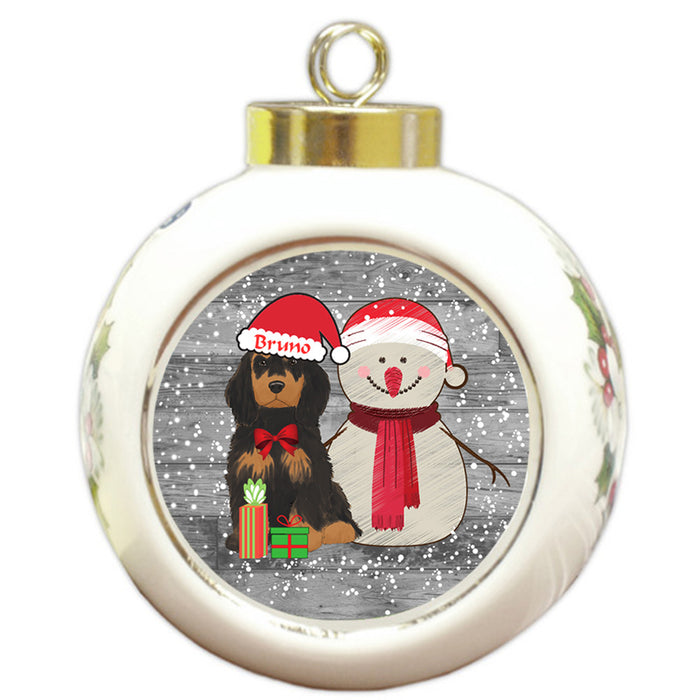 Custom Personalized Snowy Snowman and Cocker Spaniel Dog Christmas Round Ball Ornament