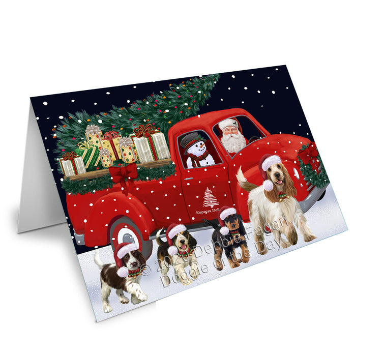 Christmas Express Delivery Red Truck Running Cocker Spaniel Dogs Handmade Artwork Assorted Pets Greeting Cards and Note Cards with Envelopes for All Occasions and Holiday Seasons GCD75116