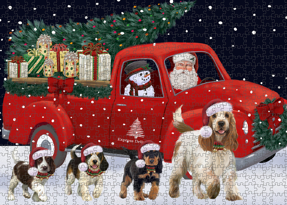 Christmas Express Delivery Red Truck Running Cocker Spaniel Dogs Puzzle with Photo Tin PUZL99672