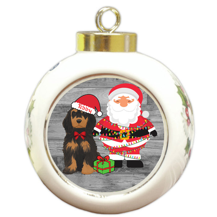 Custom Personalized Cocker Spaniel Dog With Santa Wrapped in Light Christmas Round Ball Ornament