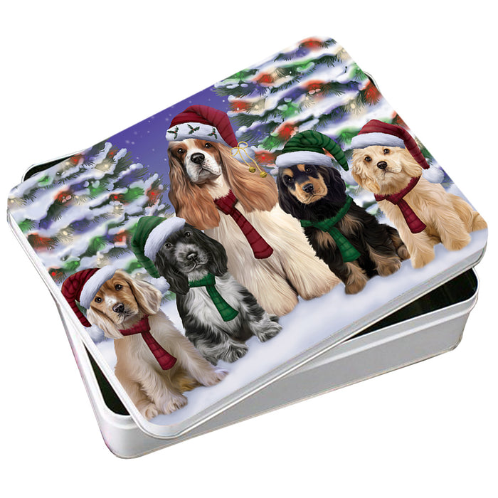 Cocker Spaniels Dog Christmas Family Portrait in Holiday Scenic Background Photo Storage Tin PITN52711