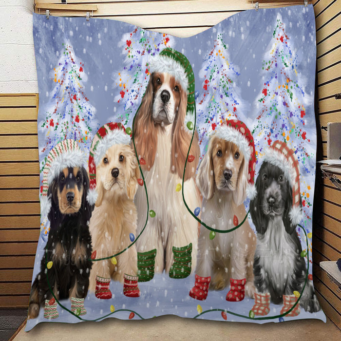 Christmas Lights and Cocker Spaniel Dogs  Quilt Bed Coverlet Bedspread - Pets Comforter Unique One-side Animal Printing - Soft Lightweight Durable Washable Polyester Quilt