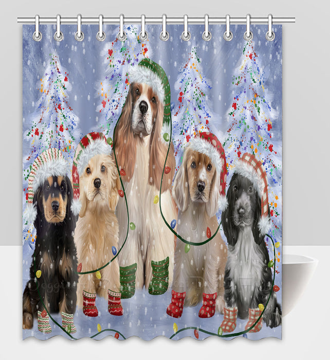 Christmas Lights and Cocker Spaniel Dogs Shower Curtain Pet Painting Bathtub Curtain Waterproof Polyester One-Side Printing Decor Bath Tub Curtain for Bathroom with Hooks