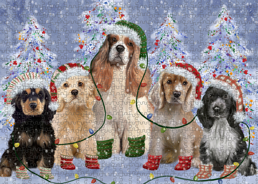Christmas Lights and Cocker Spaniel Dogs Portrait Jigsaw Puzzle for Adults Animal Interlocking Puzzle Game Unique Gift for Dog Lover's with Metal Tin Box