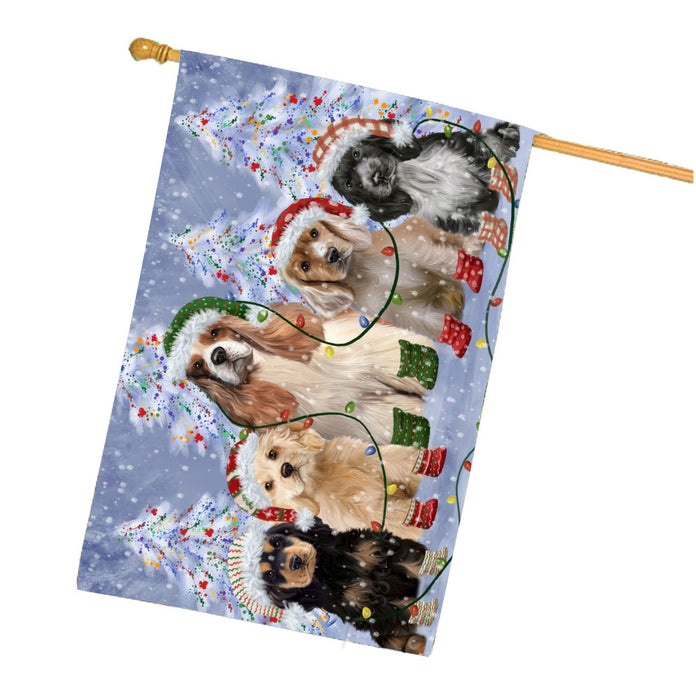 Christmas Lights and Cocker Spaniel Dogs House Flag Outdoor Decorative Double Sided Pet Portrait Weather Resistant Premium Quality Animal Printed Home Decorative Flags 100% Polyester