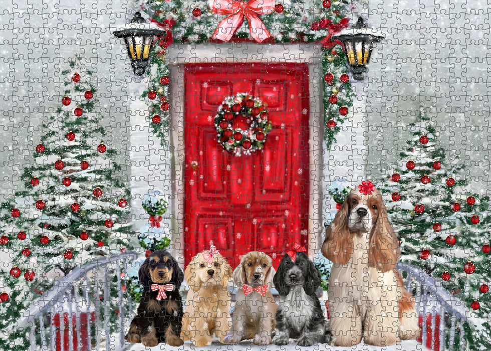 Christmas Holiday Welcome Cocker Spaniel Dogs Portrait Jigsaw Puzzle for Adults Animal Interlocking Puzzle Game Unique Gift for Dog Lover's with Metal Tin Box