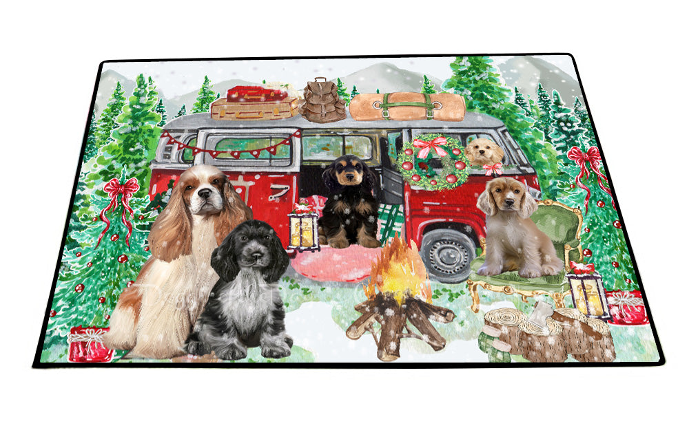 Christmas Time Camping with Cocker Spaniel Dogs Floor Mat- Anti-Slip Pet Door Mat Indoor Outdoor Front Rug Mats for Home Outside Entrance Pets Portrait Unique Rug Washable Premium Quality Mat