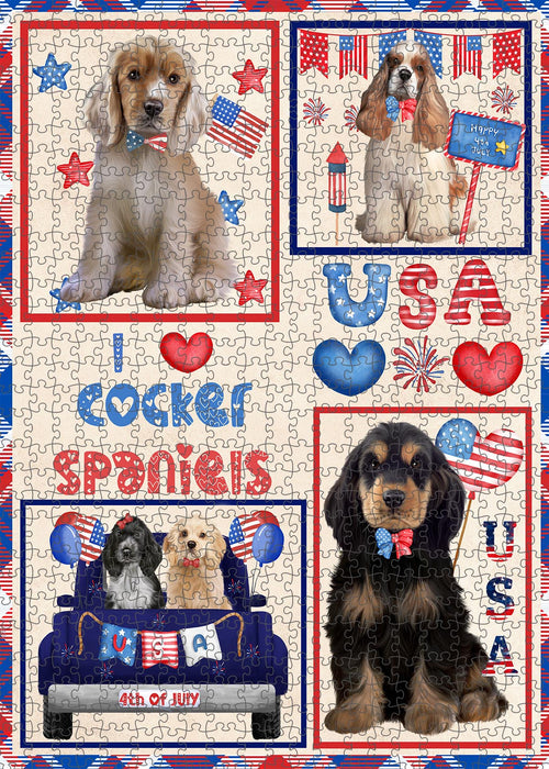 4th of July Independence Day I Love USA Cocker Spaniel Dogs Portrait Jigsaw Puzzle for Adults Animal Interlocking Puzzle Game Unique Gift for Dog Lover's with Metal Tin Box