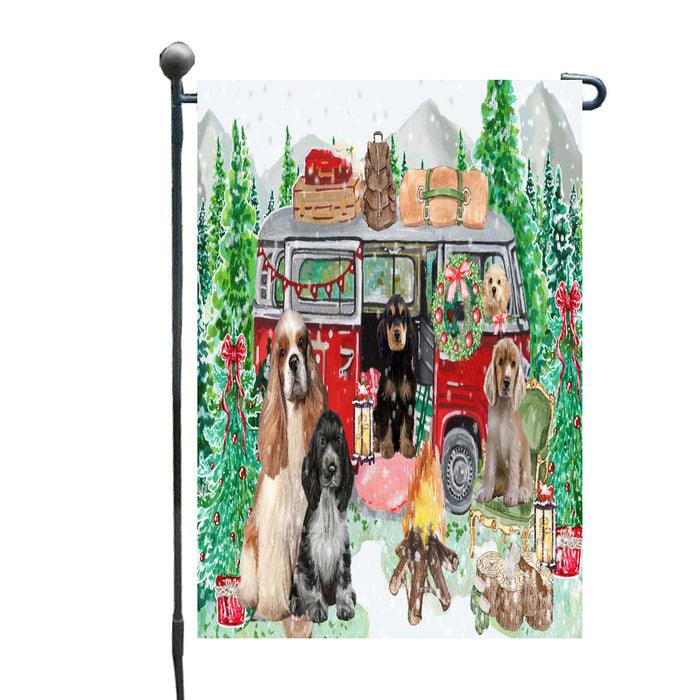 Christmas Time Camping with Cocker Spaniel Dogs Garden Flags- Outdoor Double Sided Garden Yard Porch Lawn Spring Decorative Vertical Home Flags 12 1/2"w x 18"h