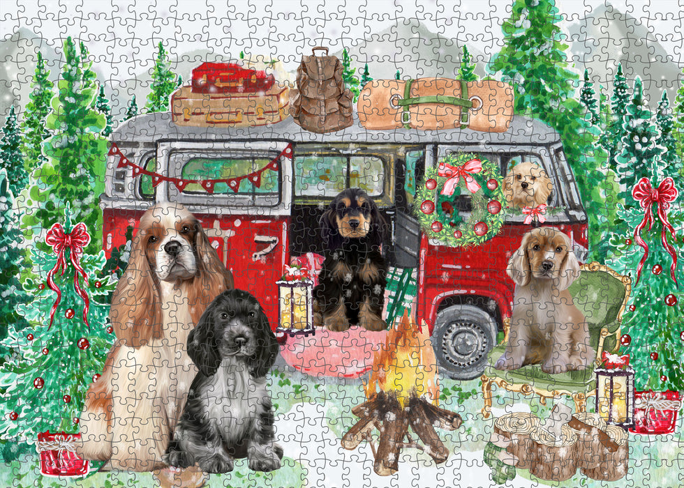 Christmas Time Camping with Cocker Spaniel Dogs Portrait Jigsaw Puzzle for Adults Animal Interlocking Puzzle Game Unique Gift for Dog Lover's with Metal Tin Box