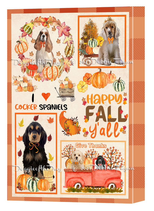 Happy Fall Y'all Pumpkin Cocker Spaniel Dogs Canvas Wall Art - Premium Quality Ready to Hang Room Decor Wall Art Canvas - Unique Animal Printed Digital Painting for Decoration