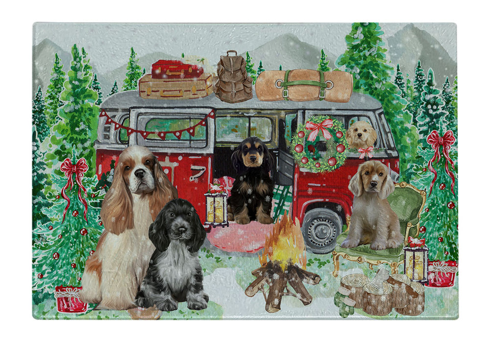 Christmas Time Camping with Cocker Spaniel Dogs Cutting Board - For Kitchen - Scratch & Stain Resistant - Designed To Stay In Place - Easy To Clean By Hand - Perfect for Chopping Meats, Vegetables