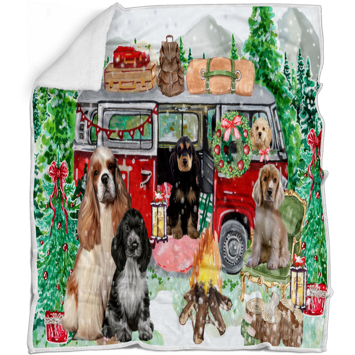 Christmas Time Camping with Cocker Spaniel Dogs Blanket - Lightweight Soft Cozy and Durable Bed Blanket - Animal Theme Fuzzy Blanket for Sofa Couch
