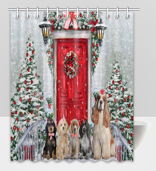 Christmas Holiday Welcome Cocker Spaniel Dogs Shower Curtain Pet Painting Bathtub Curtain Waterproof Polyester One-Side Printing Decor Bath Tub Curtain for Bathroom with Hooks