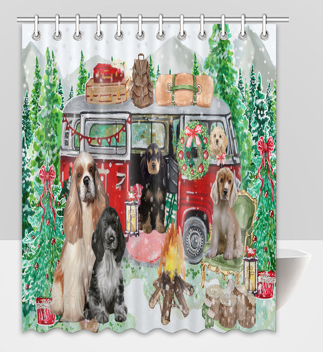 Christmas Time Camping with Cocker Spaniel Dogs Shower Curtain Pet Painting Bathtub Curtain Waterproof Polyester One-Side Printing Decor Bath Tub Curtain for Bathroom with Hooks