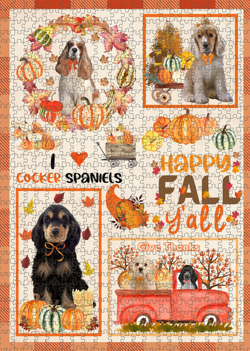 Happy Fall Y'all Pumpkin Cocker Spaniel Dogs Portrait Jigsaw Puzzle for Adults Animal Interlocking Puzzle Game Unique Gift for Dog Lover's with Metal Tin Box
