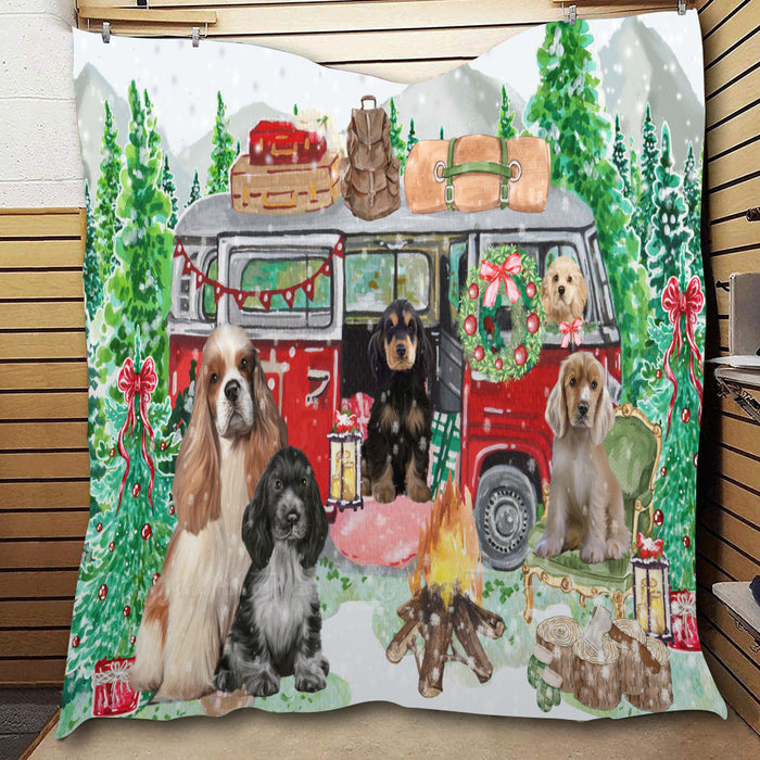 Christmas Time Camping with Cocker Spaniel Dogs  Quilt Bed Coverlet Bedspread - Pets Comforter Unique One-side Animal Printing - Soft Lightweight Durable Washable Polyester Quilt