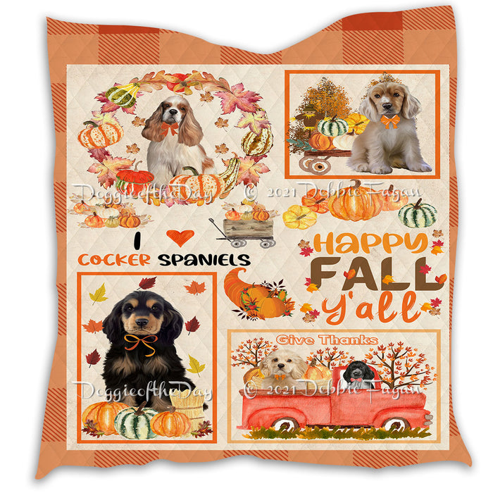 Happy Fall Y'all Pumpkin Cocker Spaniel Dogs Quilt Bed Coverlet Bedspread - Pets Comforter Unique One-side Animal Printing - Soft Lightweight Durable Washable Polyester Quilt