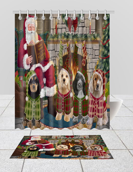 Christmas Cozy Holiday Fire Tails Cocker Spaniel Dogs Bath Mat and Shower Curtain Combo