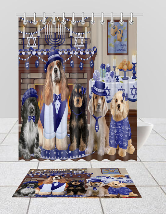 Happy Hanukkah Family Cocker Spaniel Dogs Bath Mat and Shower Curtain Combo