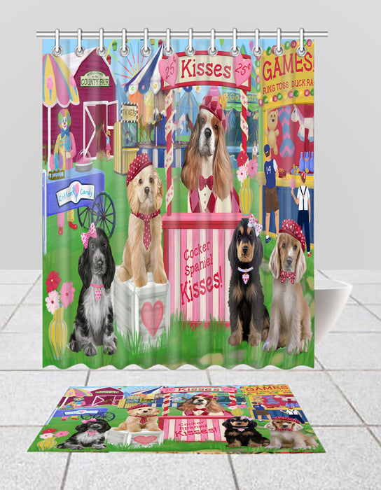 Carnival Kissing Booth Cocker Spaniel Dogs  Bath Mat and Shower Curtain Combo