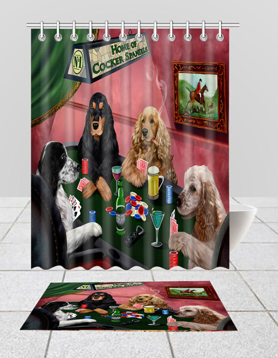 Home of  Cocker Spaniel Dogs Playing Poker Bath Mat and Shower Curtain Combo