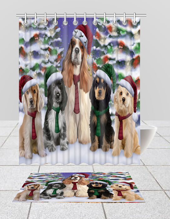 Cocker Spaniel Dogs Christmas Family Portrait in Holiday Scenic Background  Bath Mat and Shower Curtain Combo