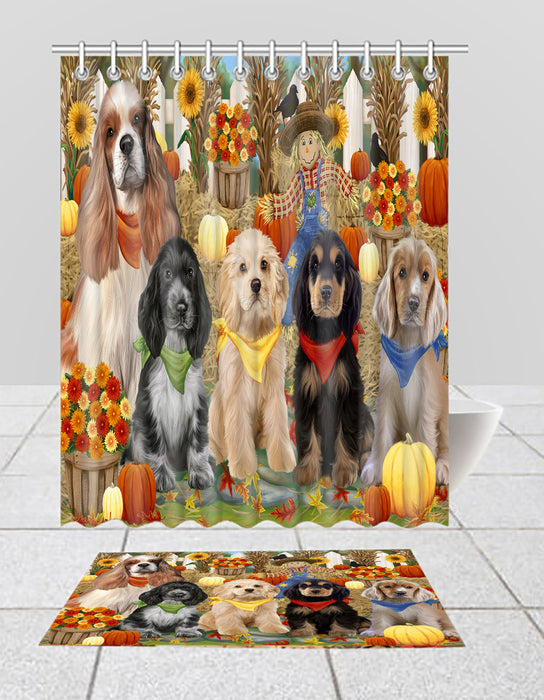 Fall Festive Harvest Time Gathering Cocker Spaniel Dogs Bath Mat and Shower Curtain Combo